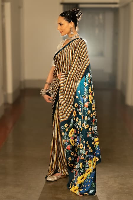 Shop Saksham & Neharicka Multi Color Satin Embroidery Floral Geometric Printed Saree Online at Aza Fashions Shop_Saksham & Neharicka_Multi Color Satin Embroidery Floral Geometric Printed Saree _Online_at_Aza_Fashions