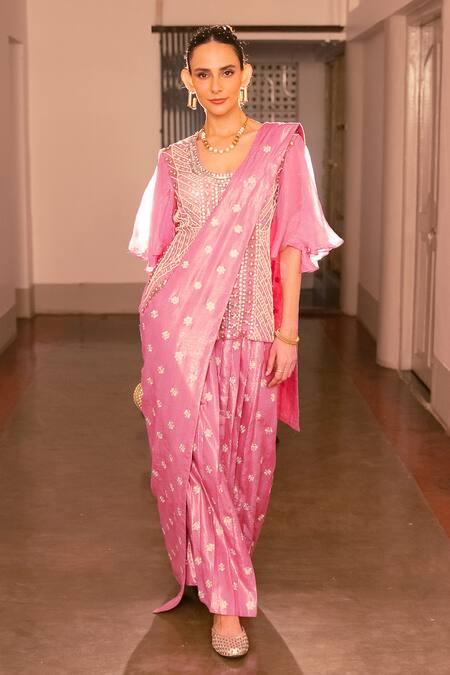Saksham & Neharicka_Pink Chiffon, Lurex Embroidery, Zari Floral Embellished Pre-draped Saree Set _Online_at_Aza_Fashions