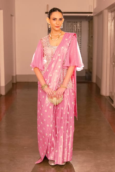 Buy_Saksham & Neharicka_Pink Chiffon, Lurex Embroidery, Zari Floral Embellished Pre-draped Saree Set _Online_at_Aza_Fashions