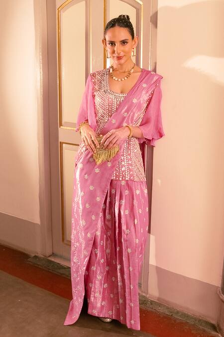 Saksham & Neharicka_Pink Chiffon, Lurex Embroidery, Zari Floral Embellished Pre-draped Saree Set _at_Aza_Fashions