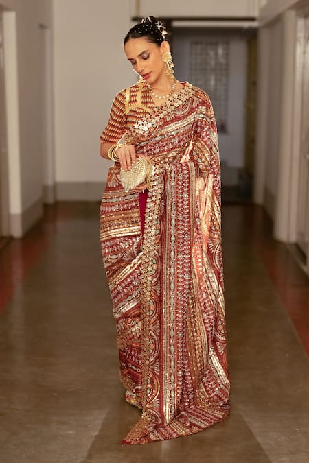 Saksham & Neharicka_Red Cotton, Silk Embroidery, Zari V-neck Geometric Print Saree With Blouse _Online_at_Aza_Fashions