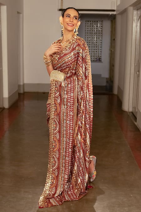Buy_Saksham & Neharicka_Red Cotton, Silk Embroidery, Zari V-neck Geometric Print Saree With Blouse _Online_at_Aza_Fashions