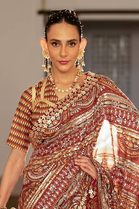 Shop_Saksham & Neharicka_Red Cotton, Silk Embroidery, Zari V-neck Geometric Print Saree With Blouse _Online_at_Aza_Fashions