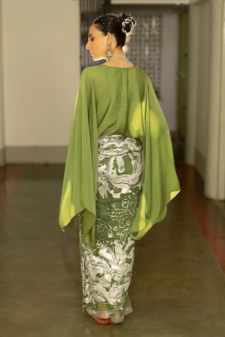 Shop Saksham & Neharicka Green Satin, Silk Organza Gota Patti, Applique, Zari, Embroidery Boat Saree Set at Aza Fashions Shop_Saksham & Neharicka_Green Satin, Silk Organza Gota Patti, Applique, Zari, Embroidery Boat Saree Set _at_Aza_Fashions