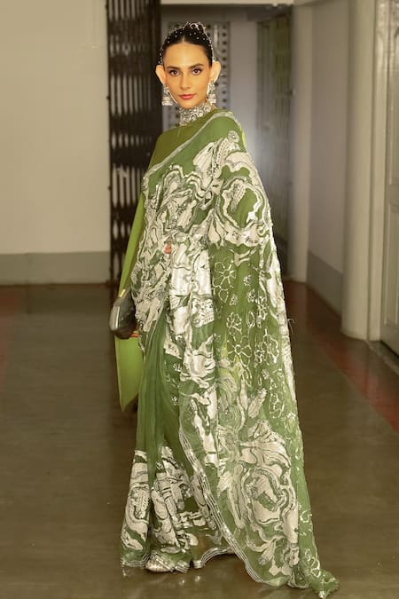 Shop Saksham & Neharicka Green Satin, Silk Organza Gota Patti, Applique, Zari, Embroidery Boat Saree Set Online at Aza Fashions Shop_Saksham & Neharicka_Green Satin, Silk Organza Gota Patti, Applique, Zari, Embroidery Boat Saree Set _Online_at_Aza_Fashions