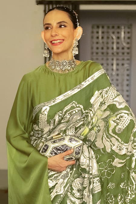 Saksham & Neharicka Green Satin, Silk Organza Gota Patti, Applique, Zari, Embroidery Boat Saree Set at Aza Fashions Saksham & Neharicka_Green Satin, Silk Organza Gota Patti, Applique, Zari, Embroidery Boat Saree Set _at_Aza_Fashions