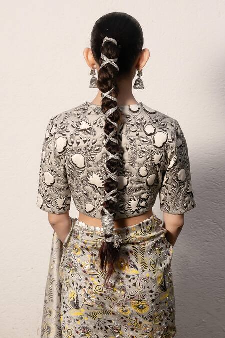 Saksham & Neharicka Gray Cotton, Silk Embroidery, Zari Round Floral Print Designer Saree With Blouse Online at Aza Fashions Saksham & Neharicka_Gray Cotton, Silk Embroidery, Zari Round Floral Print Designer Saree With Blouse _Online_at_Aza_Fashions