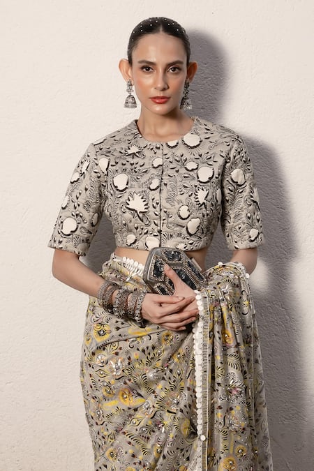 Buy Saksham & Neharicka Gray Cotton, Silk Embroidery, Zari Round Floral Print Designer Saree With Blouse Online at Aza Fashions Buy_Saksham & Neharicka_Gray Cotton, Silk Embroidery, Zari Round Floral Print Designer Saree With Blouse _Online_at_Aza_Fashions
