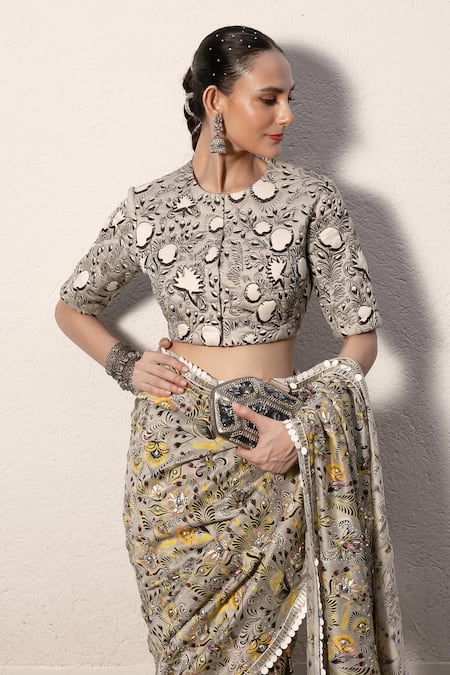 Shop Saksham & Neharicka Gray Cotton, Silk Embroidery, Zari Round Floral Print Designer Saree With Blouse Online at Aza Fashions Shop_Saksham & Neharicka_Gray Cotton, Silk Embroidery, Zari Round Floral Print Designer Saree With Blouse _Online_at_Aza_Fashions