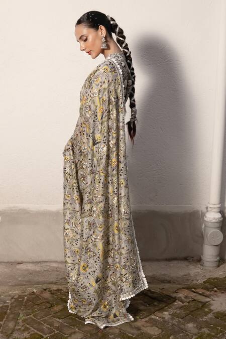 Buy Saksham & Neharicka Gray Cotton, Silk Embroidery, Zari Round Floral Print Designer Saree With Blouse Buy_Saksham & Neharicka_Gray Cotton, Silk Embroidery, Zari Round Floral Print Designer Saree With Blouse