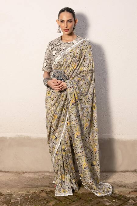 Shop Saksham & Neharicka Gray Cotton, Silk Embroidery, Zari Round Floral Print Designer Saree With Blouse Shop_Saksham & Neharicka_Gray Cotton, Silk Embroidery, Zari Round Floral Print Designer Saree With Blouse