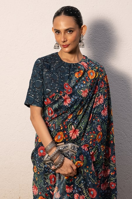 Buy Saksham & Neharicka Multi Color Cotton, Silk Embroidery, Sequins, Zari Floral Print Saree Set Online at Aza Fashions Buy_Saksham & Neharicka_Multi Color Cotton, Silk Embroidery, Sequins, Zari Floral Print Saree Set _Online_at_Aza_Fashions