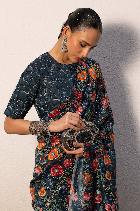 Shop Saksham & Neharicka Multi Color Cotton, Silk Embroidery, Sequins, Zari Floral Print Saree Set Online at Aza Fashions Shop_Saksham & Neharicka_Multi Color Cotton, Silk Embroidery, Sequins, Zari Floral Print Saree Set _Online_at_Aza_Fashions