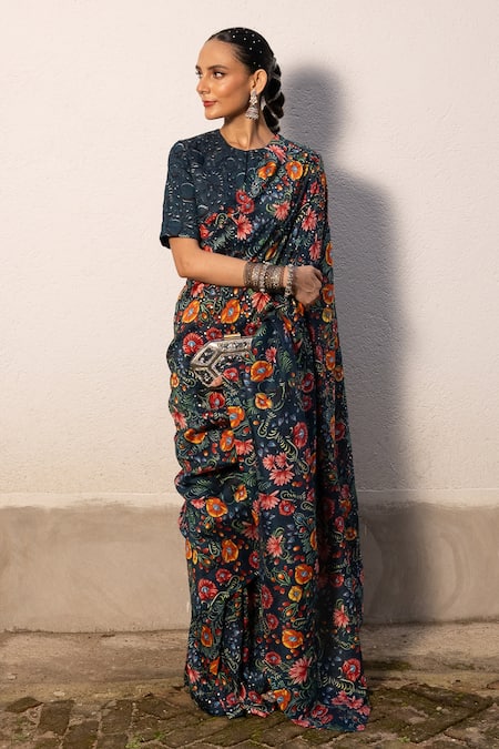 Saksham & Neharicka Multi Color Cotton, Silk Embroidery, Sequins, Zari Floral Print Saree Set at Aza Fashions Saksham & Neharicka_Multi Color Cotton, Silk Embroidery, Sequins, Zari Floral Print Saree Set _at_Aza_Fashions