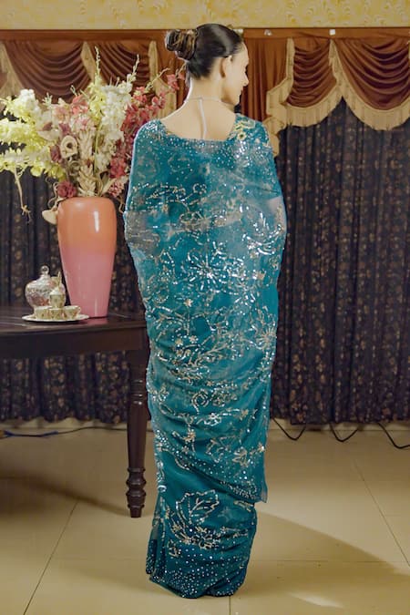 Saksham & Neharicka Floral Embroidered Green Saree & Blouse 