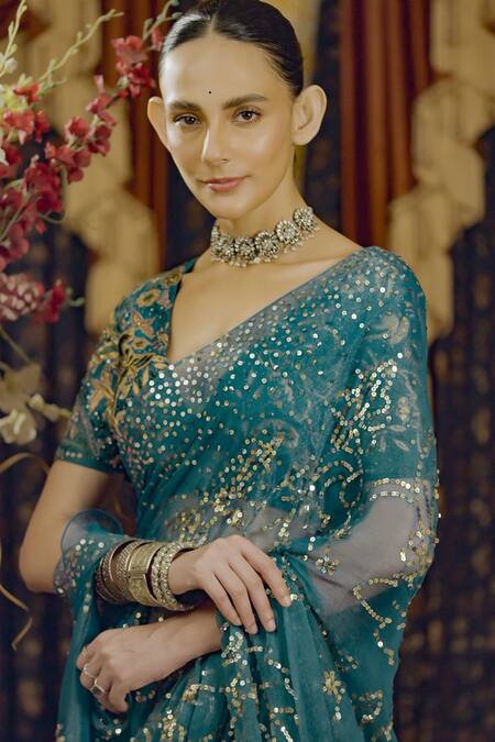 Saksham & Neharicka Green Chiffon, Satin, Sequins, Applique, Floral Saree And Blouse Online at Aza Fashions Saksham & Neharicka_Green Chiffon, Satin, Sequins, Applique, Floral Saree And Blouse _Online_at_Aza_Fashions