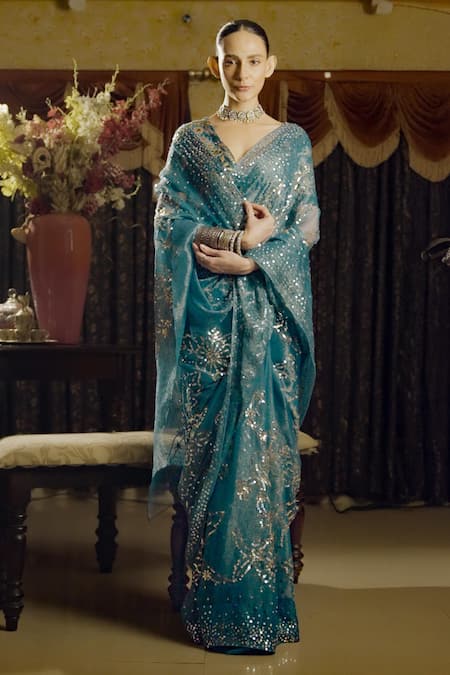 Shop Saksham & Neharicka Green Chiffon, Satin, Sequins, Applique, Floral Saree And Blouse Online at Aza Fashions Shop_Saksham & Neharicka_Green Chiffon, Satin, Sequins, Applique, Floral Saree And Blouse _Online_at_Aza_Fashions