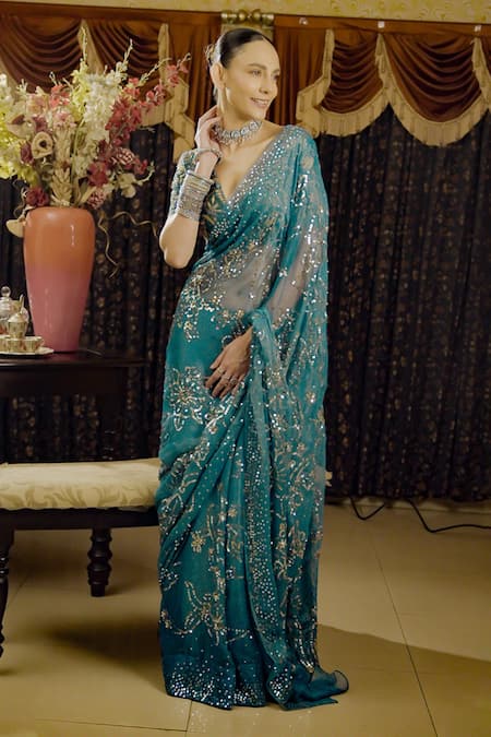 Saksham & Neharicka Green Chiffon, Satin, Sequins, Applique, Floral Saree And Blouse at Aza Fashions Saksham & Neharicka_Green Chiffon, Satin, Sequins, Applique, Floral Saree And Blouse _at_Aza_Fashions