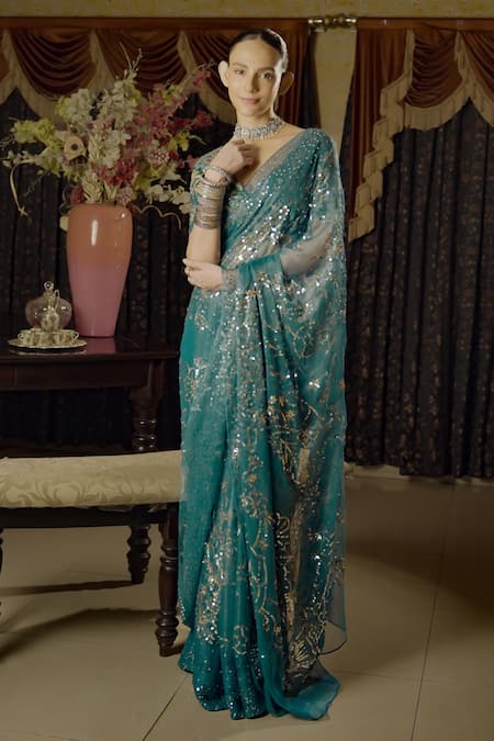 Shop Saksham & Neharicka Green Chiffon, Satin, Sequins, Applique, Floral Saree And Blouse Shop_Saksham & Neharicka_Green Chiffon, Satin, Sequins, Applique, Floral Saree And Blouse