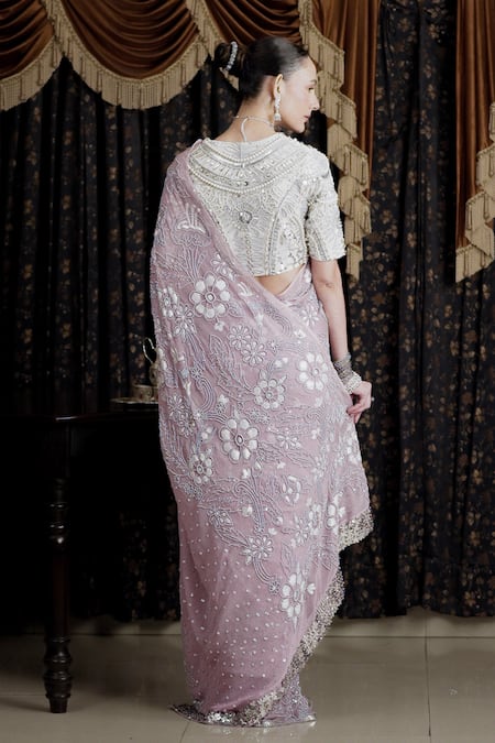 Saksham & Neharicka Lavender Floral Applique Saree Set 