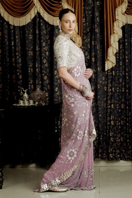 Saksham & Neharicka_Lavender Georgette Gota Patti, Pearls, Zari V-neck Floral Applique Saree Set _Online_at_Aza_Fashions