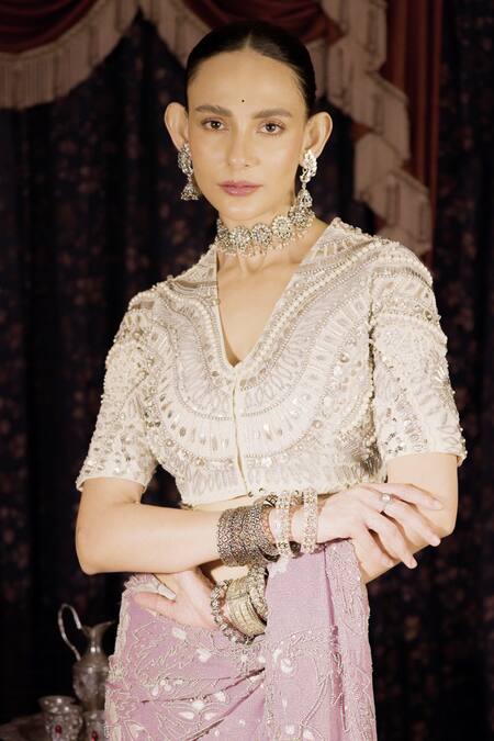 Buy_Saksham & Neharicka_Lavender Georgette Gota Patti, Pearls, Zari V-neck Floral Applique Saree Set _Online_at_Aza_Fashions