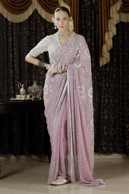 Shop_Saksham & Neharicka_Lavender Georgette Gota Patti, Pearls, Zari V-neck Floral Applique Saree Set _Online_at_Aza_Fashions
