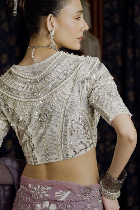 Saksham & Neharicka_Lavender Georgette Gota Patti, Pearls, Zari V-neck Floral Applique Saree Set _at_Aza_Fashions