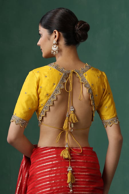 Shop Weaver Story Yellow Silk Zari V-neck Zardozi Embroidered Saree Blouse at Aza Fashions Shop_Weaver Story_Yellow Silk Zari V-neck Zardozi Embroidered Saree Blouse _at_Aza_Fashions