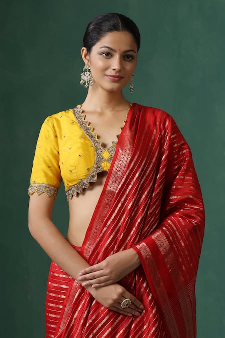 Weaver Story Yellow Silk Zari V-neck Zardozi Embroidered Saree Blouse Online at Aza Fashions Weaver Story_Yellow Silk Zari V-neck Zardozi Embroidered Saree Blouse _Online_at_Aza_Fashions