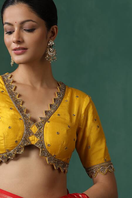 Buy Weaver Story Yellow Silk Zari V-neck Zardozi Embroidered Saree Blouse Online at Aza Fashions Buy_Weaver Story_Yellow Silk Zari V-neck Zardozi Embroidered Saree Blouse _Online_at_Aza_Fashions