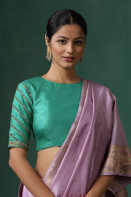 Weaver Story_Green Silk Zari Round Neck Sea Zardozi Embroidered Blouse _Online_at_Aza_Fashions