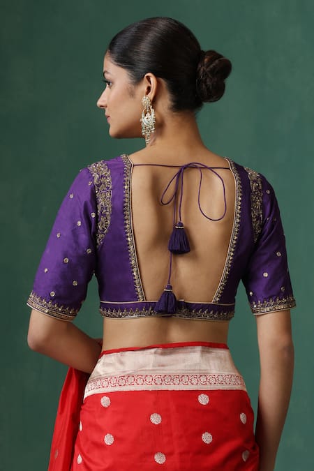 Weaver Story Purple Zardozi Embroidered Saree Blouse 