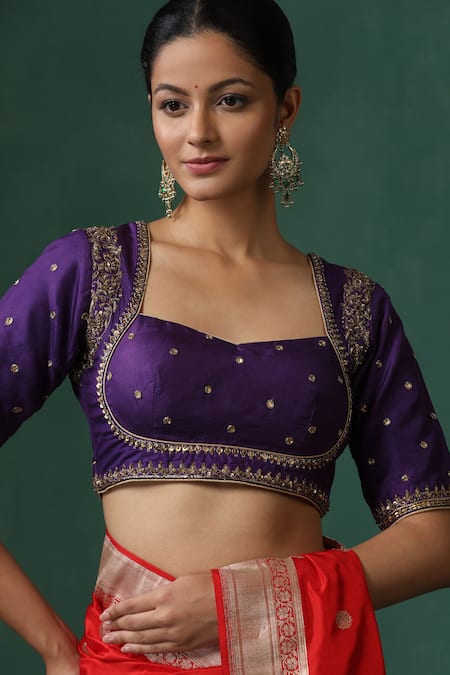 Buy_Weaver Story_Purple Silk Embroidery Sweetheart Neck Zardozi Saree Blouse _Online_at_Aza_Fashions