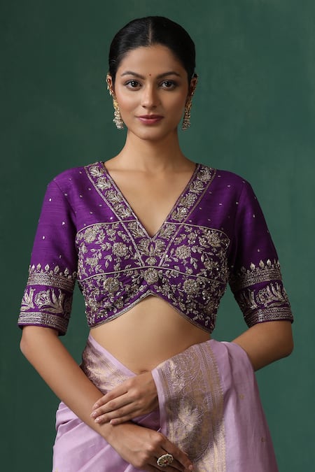 Weaver Story Purple Zardozi Embroidered Saree Blouse 