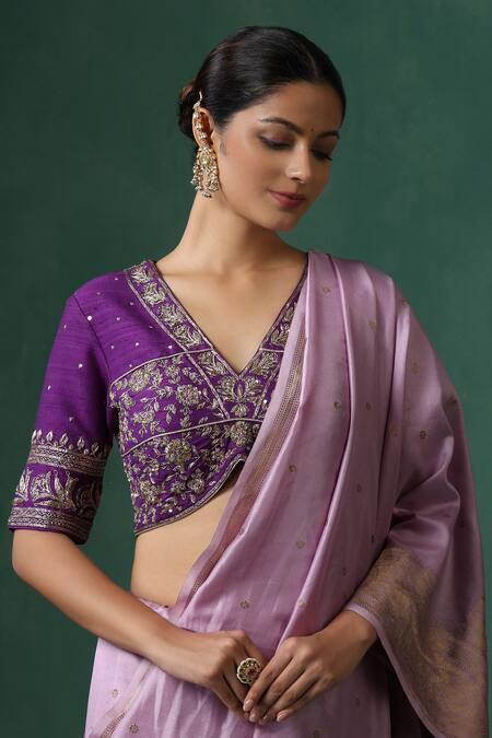 Weaver Story Purple Silk Embroidery V-neck Zardozi Saree Blouse Online at Aza Fashions Weaver Story_Purple Silk Embroidery V-neck Zardozi Saree Blouse _Online_at_Aza_Fashions
