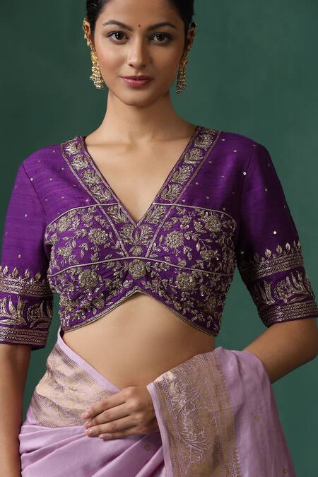 Buy Weaver Story Purple Silk Embroidery V-neck Zardozi Saree Blouse Online at Aza Fashions Buy_Weaver Story_Purple Silk Embroidery V-neck Zardozi Saree Blouse _Online_at_Aza_Fashions