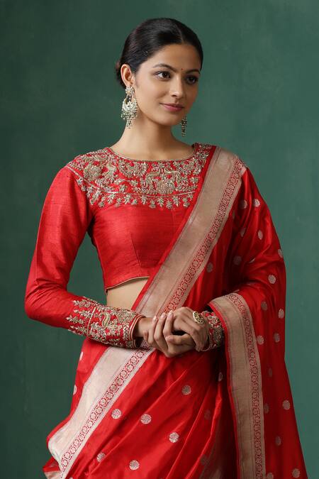 Weaver Story Red Silk Embroidery Boat Neck Zardozi Saree Blouse Online at Aza Fashions Weaver Story_Red Silk Embroidery Boat Neck Zardozi Saree Blouse _Online_at_Aza_Fashions