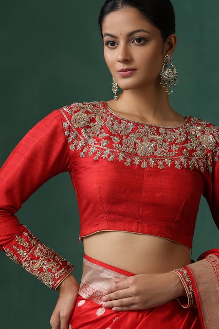 Buy Weaver Story Red Silk Embroidery Boat Neck Zardozi Saree Blouse Online at Aza Fashions Buy_Weaver Story_Red Silk Embroidery Boat Neck Zardozi Saree Blouse _Online_at_Aza_Fashions
