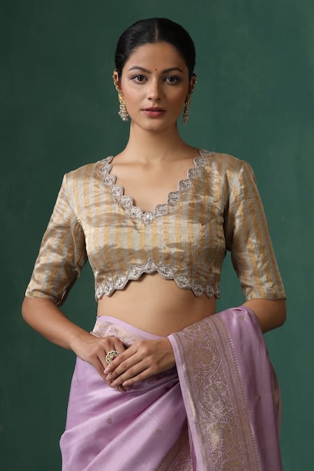 Weaver Story Gold Silver Zardozi Embroidered Saree Blouse 