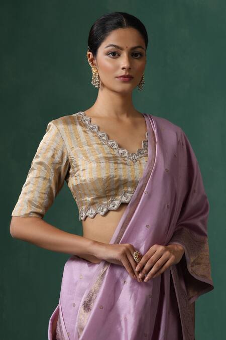 Weaver Story_Gold Tissue Zari V-neck Silver Zardozi Embroidered Saree Blouse _Online_at_Aza_Fashions