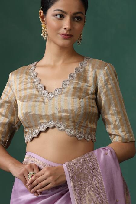 Buy_Weaver Story_Gold Tissue Zari V-neck Silver Zardozi Embroidered Saree Blouse _Online_at_Aza_Fashions