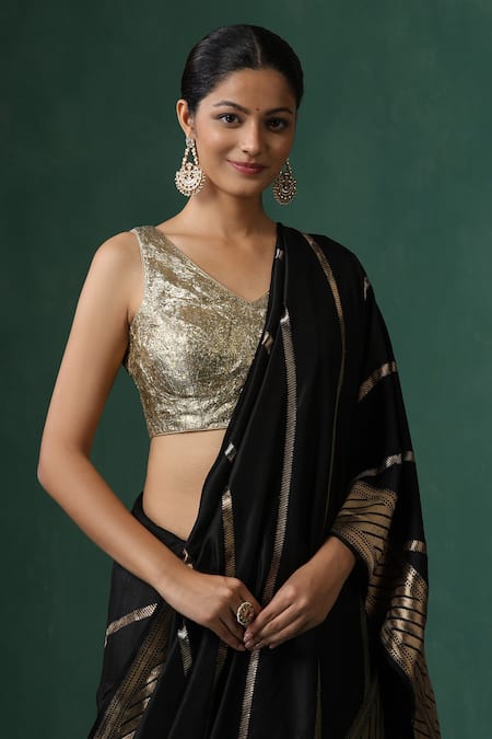 Weaver Story_Gold Linen V-neck Textured Sleeveless Saree Blouse _Online_at_Aza_Fashions