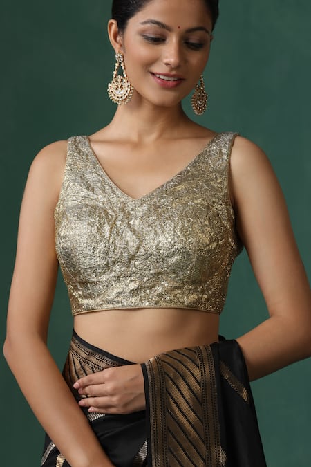Buy_Weaver Story_Gold Linen V-neck Textured Sleeveless Saree Blouse _Online_at_Aza_Fashions