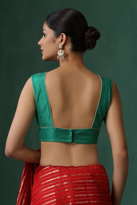 Weaver Story Green V Neck Zari Jaal Saree Blouse 