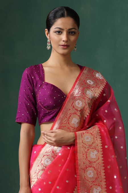 Weaver Story_Purple Silk Sequins Sweetheart Neck Embroidered Blouse _Online_at_Aza_Fashions