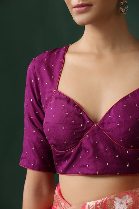 Buy_Weaver Story_Purple Silk Sequins Sweetheart Neck Embroidered Blouse _Online_at_Aza_Fashions