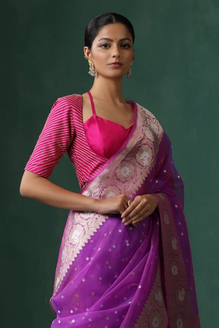 Weaver Story_Pink Silk Tassels Sweetheart Neck Gota Work Saree Blouse _Online_at_Aza_Fashions