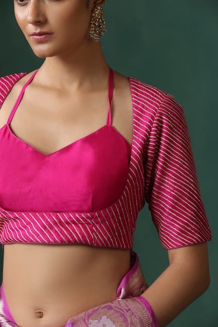 Buy_Weaver Story_Pink Silk Tassels Sweetheart Neck Gota Work Saree Blouse _Online_at_Aza_Fashions