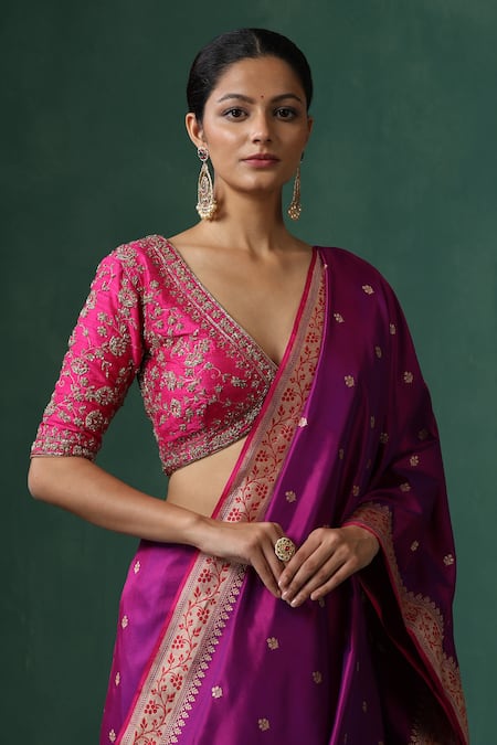 Weaver Story Pink Silk Zari, Embroidery V-neck Jaal Zardozi Work Saree Blouse Online at Aza Fashions Weaver Story_Pink Silk Zari, Embroidery V-neck Jaal Zardozi Work Saree Blouse _Online_at_Aza_Fashions